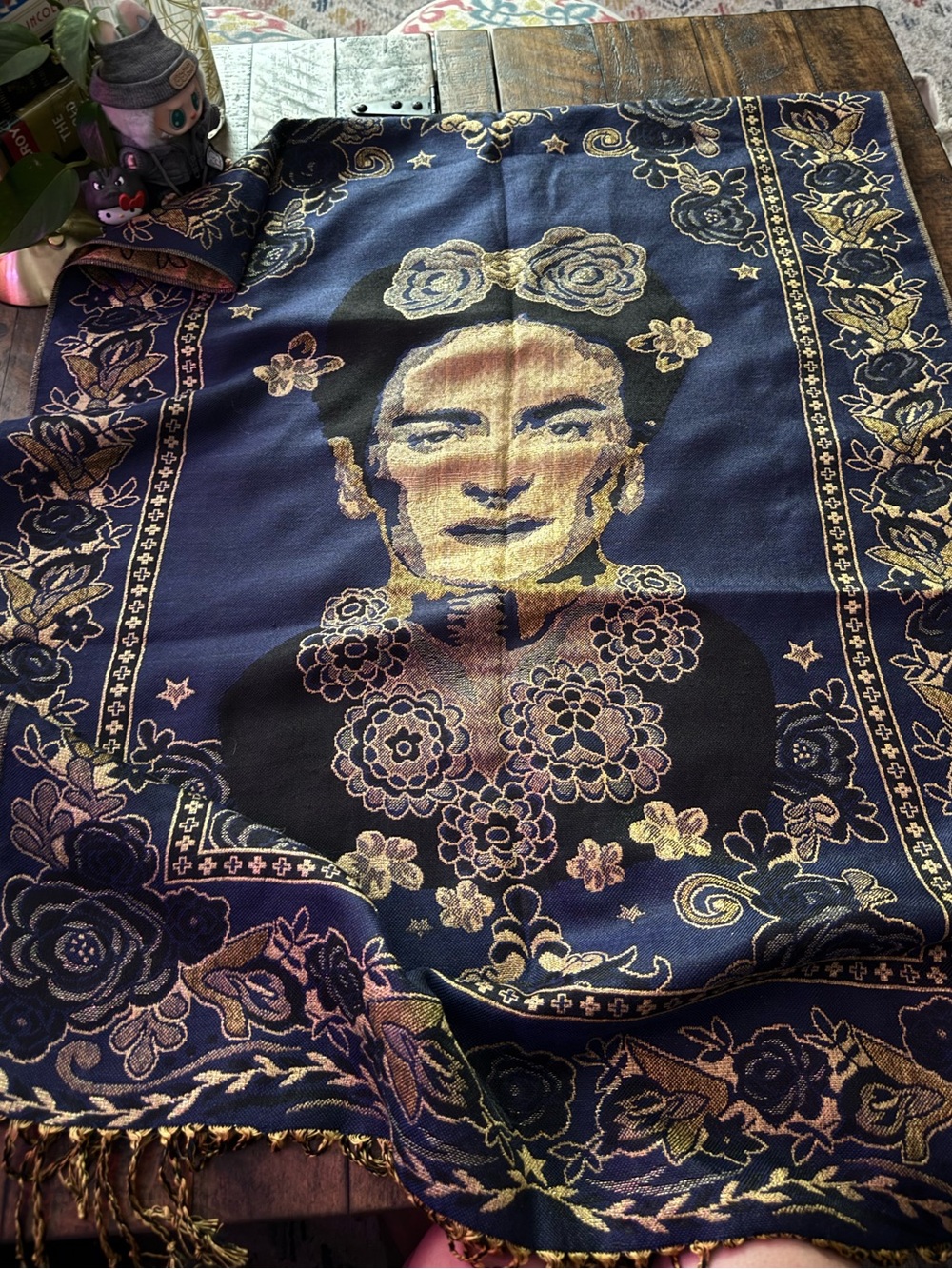 Artist Frida Kahlo Mexican Pashmina Shawl Scarf Wrap Blue and Gold